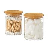 INIUNIK Glass Qtip Holder Dispenser with Bamboo Lid - 2 Pack Apothecary Jars - Cotton Balls Pads Swabs Holder Jar - Bathroom Vanity Canisters Jars for Countertop Storage and Organization