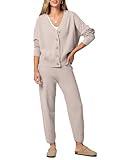 ANRABESS Women 2 Piece Outfits Waffle Knit Long Sleeve Cardigan Set Casual Sweater Pants Lounge Sets 2024 Fall Clothes Beige Large