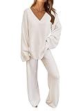 MEROKEETY Women's Lounge Sets 2025 Fall Fashion 2 Piece Outfits Sweater Pajama Set Fuzzy Loungewear Matching Winter Clothes,Beige,L