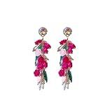 Handmade Beaded Flower Drop Dangle Earrings Bohemia Colorful Flower Statement Earrings Holiday Boho Tropical Beadwork Jewelry Gift(Rose Red)