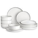 MALACASA Plates and Bowls Sets, 12 Pieces Modern Porcelain Dinnerware Set for 4 White Kitchen Dinner Dining Ware Set wtih Black Rim Ceramic Dishware Dishes Microwave and Dishwasher Safe, Series LUNA