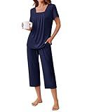 Ekouaer Pajama Set for Women Short Sleeve Top With Capri Pants Pjs 2 Piece O Neck Loungewear Soft Sleepwear with Pockets Navy Blue XX-Large