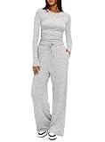 Darong Women's 2 Piece Lounge Sets Long Sleeve Tops Wide Leg Pants Casual Outfits Pajama Set Fall Collection 9065A White Grey S