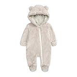 Baby Boys Girls One Piece Romper Cute Cartoon Bear Pattern Snowsuit Warm Winter Fleece Hooded Jumpsuit for 0-3 Month Baby Beige