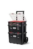 Keter Stack-n-Roll Modular Tools Organizer for Garage Storage and DIY, 3 Piece Resin Rolling Tool Box System for Small Parts, Black