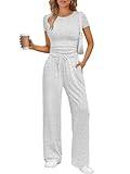 Trendy Queen Womens 2 Two Piece Set 2025 Summer Workout Beach Vacation Gym Clothes Fashion Lounge Loungewear Matching Sweatsuit Sweat Casual Wide Leg Pants Travel Outfit Fitness Athletic Clothing