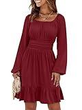 ANRABESS Womens Dress Long Lantern Sleeve Square Neck Elastic Waist Ruffle Flowy Swing A-Line Short Dresses 2024 Fall Fashion Red Medium