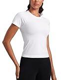 CRZ YOGA Seamless Short Sleeve Shirts for Women Breathable Running Workout Tops Athletic Gym Yoga Basic T-Shirts White Medium