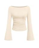 PRETTYGARDEN Women's Long Sleeve Shirts 2025 Fall Crop Going Out Tops Casual Boat Neck Bell Sleeve Ribbed Ruched Y2K Clothes (Beige,Medium)