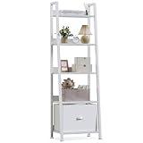 Furologee 5-Tier White Ladder Shelf, Ladder Bookshelf with Removable Drawer, Mordern Bookcase Storage Rack Organizer, Wood Metal Freestanding Storage Shelves for Living Room, Home Office, Bedroom
