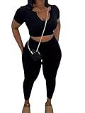 Nimsruc 2 Piece Sets For Women Sexy Casual Workout Crop Short Sleeve Long pants Leggings Sets Summer Active Wear Black XL