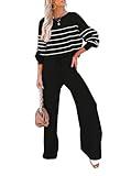 Pink Queen Two Piece Outfits for Women Lounge Sets Striped Knit Long Sleeve Sweater Tops Wide Leg Pants Travel Loungewear Casual Fall 2024 Black Stripe S