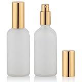 Glass Spray Bottle 3.4oz, Empty Frosted Perfume Atomizer, Fine Mist Spray,Gold Sprayer (2 PACK)