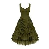 oiangi Retro Gothic Sleeveless Dress for Women 50s Style Ruched Flare Dress with Ruffles for Prom Tea Party Cosplay Look Army Green