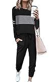 PRETTYGARDEN Women's Color Block 2 Piece Tracksuit Crewneck Long Sleeve Tops Long Sweatpants Outfits Lounge Sets(Black,Large)