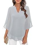 Bebonnie Women Dressy Casual Tops: Flowy Tops for Women - Long Sleeve Chiffon Blouses Tshirts Tops for Women 2024 Summer Trendy Work Business Tunics Top Silver Gray XXXL