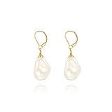 POTESSA Baroque Pearl Dangle Earrings 18K Gold Plated Leverback Dangle Stud Irregular Pearl Earrings for Women Ladies