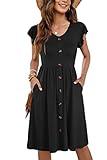 WNEEDU Women Summer Dresses Sleeveless Casual Loose Swing Button Down Midi Dress with Pockets(Black,L)