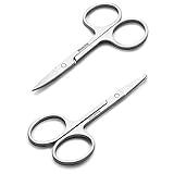 Facial Hair Small Grooming Scissors For Men Women - Eyebrow, Nose Hair, Mustache, Beard, Eyelashes, Ear Trimming Kit - Curved and Rounded Safety Tip Clippers For Hair Cutting - 2PCS Silver