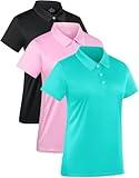 3-Pack Golf Polo Shirts for Women Moisture-Wicking Short-Sleeve Polos Tshirts Quick Dry Work Tops Sport Casual Activewear Black/Cyan/Pink L