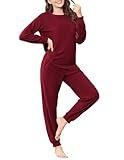 Ekouaer Womens Fuzzy Fleece Pajama Sets Long Sleeve Jogger Sets Comfy Sleepwear Loungewear with Pockets,Large,Burgundy