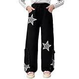 Milokado Kids Girls Washed Elastic Waist Star Print Straight Wide Leg Jeans Kids Clothes Size 4-14 Years (Black Star,12-13 Years)