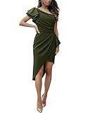 BTFBM Women 2025 Summer Fashion Elegant One Shoulder Cocktail Dress Ruffle Sleeve Wrap Ruched Bodycon Short Party Dresses(Army Green, Medium)