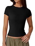 QINSEN Women's Crew Neck Short Sleeve Double-Layer Tops Basic Slim Fit Going Out T Shirt M Black