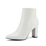 DREAM PAIRS Women's Chunky Heel Ankle Booties Pointed Toe Short Boots,Size 7,White/Pu-1,SIANNA-1