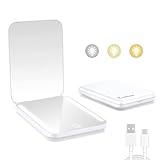 Kintion Rechargeable Pocket Mirror, Double Sided 1X/3X Magnification Compact Vanity Mirror, 3 Color Lights, Dimmable, Small Portable Wallet Mirror, Lighted Travel Mirror for Women Gifts, White