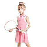 Gogokids Girls Tennis Dress Sleeveless Quick-Dry Kids Golf and Athletic Workout Outfit with Polo Collar for 6-14Y Pink
