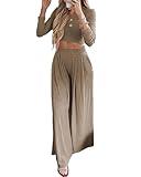 BTFBM Women's Two Piece Lounge Set Long Sleeve Bodycon Ribbed Knit Crop Top Loose Wide Leg Pant Casual Outfits Sweatsuit(Solid Khaki, Medium)