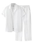 RoseSeek Men's 2 Piece Outfits Short Sleeve Button Down Shirts Drawstring High Waisted Pants Vacation Sets White 4X-Large