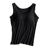 Built in Bra Tank Tops for Women, Womens Sports Fan Underwear Tank Tops with Built in Bra Summer Basic Padded Yoga Shirt Shelf Bras Workout Camisole Casual Modal Undershirt (Black, L)