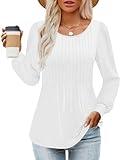 ZESICA Long Sleeve Shirts for Women Fall Tops Crew Neck Pleated Casual Tunic Blouses,White,Medium