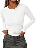 AUTOMET Long Sleeve Shirts for Women 2025 Fall Fashion Ribbed Knit Tops Casual Basic Fitted T Tshirts Tight Underscrub Slim Cotton Trendy Teen Cute Clothes Going Out Workout Outfits White XL