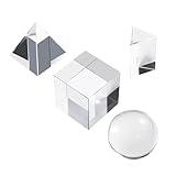 4 Pack K9 Optical Crystal Photography Prism Set, Include 50mm Crystal Ball, 50mm Crystal Cube, 50mm Triangular Prism, 50mm Optical Pyramid with Wiper Cloth and Box, Photography Accessory for Teaching