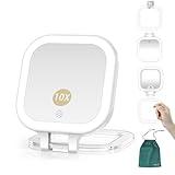 Mocado Compact Travel Makeup Mirror, 1X/10X Magnifying Mirror with Light, Double Sides Compact Mirror with 3 Color Light, Dimmable Handheld Mirror, Rechargeable Travel for Purse,Pocket(White)