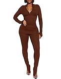 Kaximil Women's Sexy 2 Piece Outfits Sweatsuits Half Zip Tracksuit Long Sleeve Ribbed Legging Pants Set, Medium, Coffee