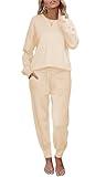 Ekouaer Women's 2 Piece Lounge Set Long Sleeve Knit Pajamas Sweatsuit Jogger Pant Outfits With Pockets,Beige,Medium