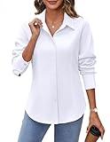 HOTOUCH Womens White Button Down Shirt Solid Long Sleeve Basic Collared Button-up V Neck Work Blouses Tops