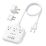European Travel Plug Adapter, US to European Plug Adapter with 3 American Outlets & 4 USB, 3ft European Power Cord, International Travel Power Strip, Type C for Europe EU Germany France, Travel, White