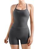 SUUKSESS Women 2 Piece Workout Sets High Waisted Tummy Control Biker Shorts Halter Padded Tank Tops Racerback Sports Bras (Grey, S)