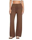 GRAPENT Women's Ribbed Knit Flowy Winter Pants Elastic Waist Tie Front Wide Leg Sweater Pants Coffee Large Size 12 to 14