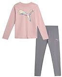 PUMA Girls' Active Leggings Set - 2 Piece Performance Long Sleeve Tee and Athletic Leggings - Girls Activewear Sets (S-L), Size Small, Pink/Heather/White