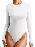 REORIA Women's Long Sleeve Body Suits Crew Neck Slim Double Lined Basic Layering Bodysuits Fall Going Out Tops Winter Outfits 2025(White Large)
