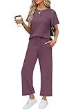 WIHOLL Beach Vacation Clothes for Women 2 Piece Travel Airport Outfits Fashion 2025 Comfy Summer Matching Sets Women Clothing Tropical Wide Leg Pants Lounge Sets Pjs Dark Purple L