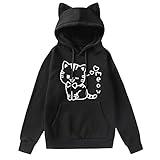 LNYSOTX Hoodies for Teen Girls Cat Pouch Hoodie with Ears Women Girls Black Cotton Anime Graphic Kangaroo Pouch Hoodie 10 12 14 16