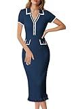 Pink Queen Women's Elegant Bodycon Dress 2025 Short Sleeve V Neck Half Button Cocktail Party Ribbed Knit Long Sweater Dress Navy Blue L