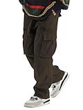 ZAFUL Men's Wild Cargo Pants Loose Fit Y2K Pants Drawstring Casual Hiking Pants Pocket Zipper Design Straight Trousers Brown L